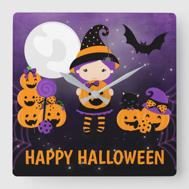 Horloge Carrée Cute Witch Girl and Pumpkins Happy Halloween (Recto)