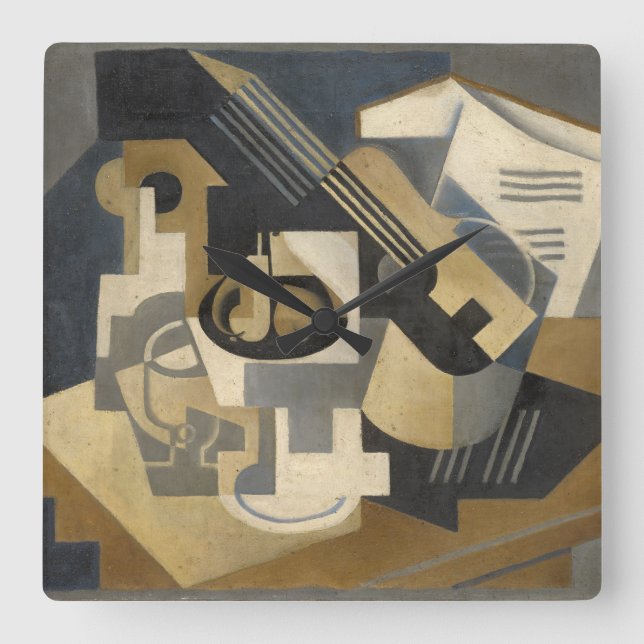 Horloge Carrée Cuvette de guitare et de fruit sur un Tableau, (Recto)