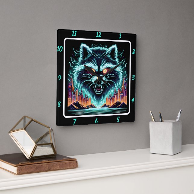 Horloge Carrée Cyber Raccoon Neon Skyline (Bureau)