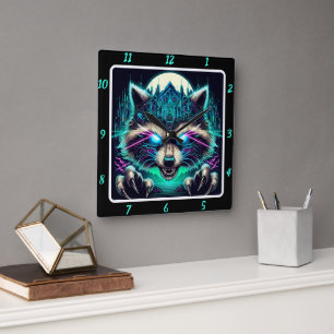 Horloge Carrée Cyber Raccoon Urban Neon