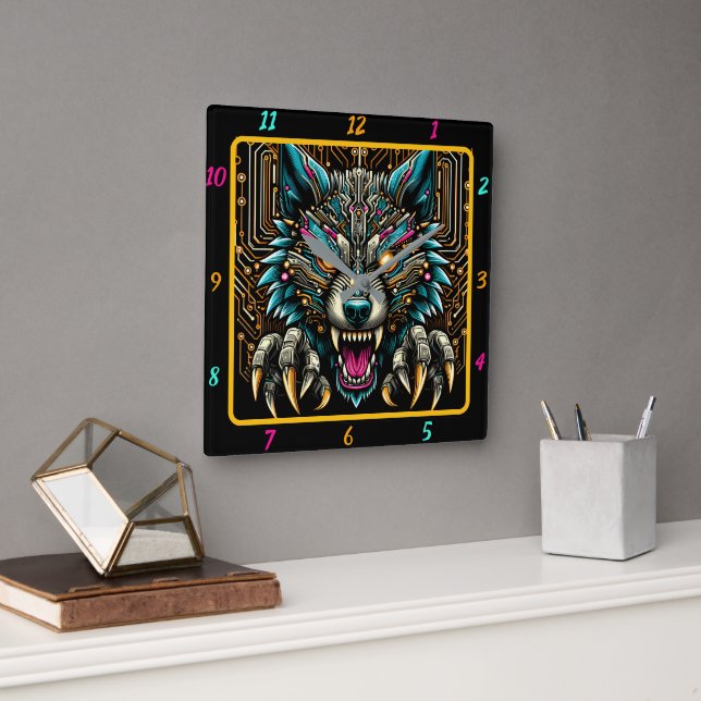 Horloge Carrée Cyber Wolf Electric Neon Color Art (Bureau)
