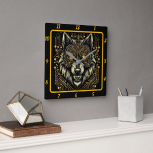 Horloge Carrée Cyber Wolf Neon Color Art