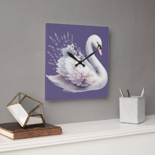 Horloge Carrée Cygne à l'aquarelle avec florales lavande