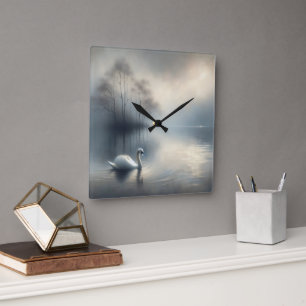 Horloge Carrée Cygne Solitaire Sur Le Lac Misty