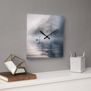 Horloge Carrée Cygne Solitaire Sur Le Lac Misty Morning