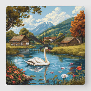 Horloge Carrée Cygnes Vintage Rustiques Paysage Naturel