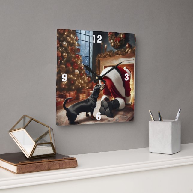 Horloge Carrée Dachshund and Santa  (Bureau)