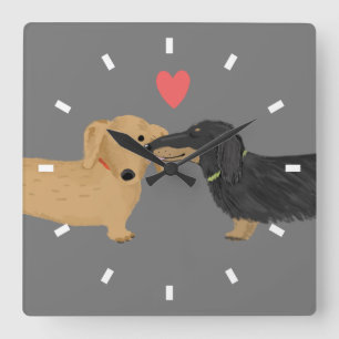 Horloge Carrée Dachshund Baiser avec coeur   Wiener Dogs Love