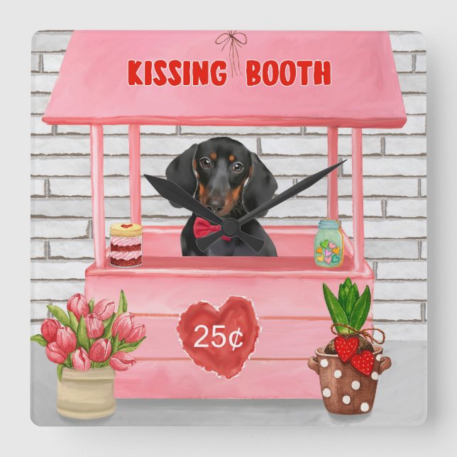 Horloge Carrée Dachshund Chien Valentine's Day Kissing Booth (Recto)