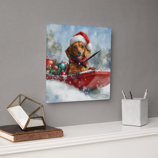 Horloge Carrée Dachshund Dog in Sledge Let it neige Noël (Bureau)