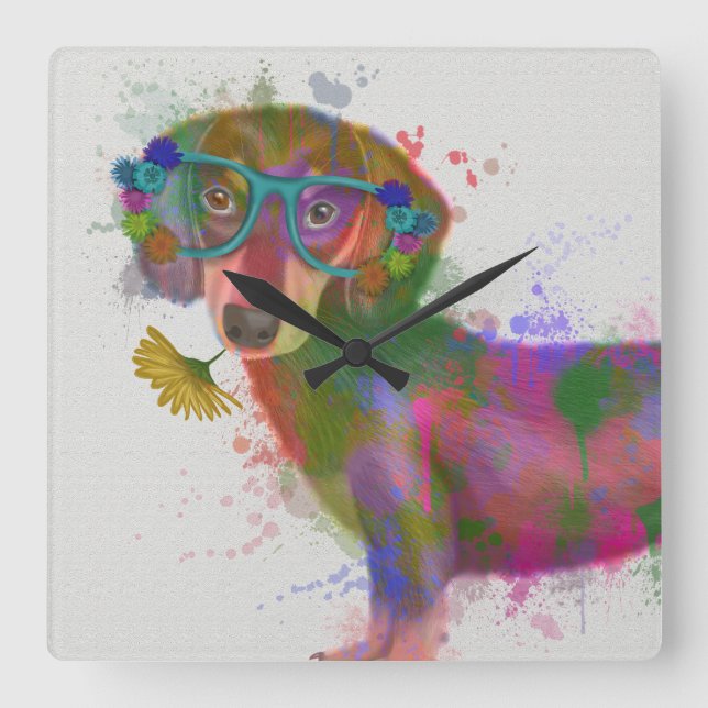 Horloge Carrée Dachshund & Lunettes Rainbow Splash (Recto)