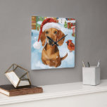 Horloge Carrée Dachshund Winter Wonderland Christmas Joy<br><div class="desc">Ce design festif reflète l'esprit joyeux de la période des fêtes, avec un adorable petit portant un chapeau de Père Noël. Le chien est niché dans un pays des merveilles hivernales, avec un bonhomme de neige, un sapin de Noël décoré et des cadeaux joliment emballés. Les flocons de neige tombent...</div>