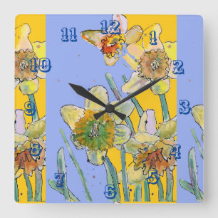 Horloge Carrée Daffodique Aquarelle Femmes Jaune violet Art