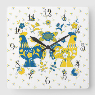 Horloge Carrée Dala populaire suédoise Rooster l bleu et jaune