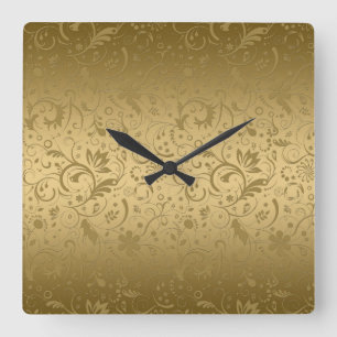 Horloge Carrée Damas Floral Or Sur Arrière - plan Or