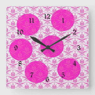 Horloge Carrée Damas rose chaud avec Pois roses