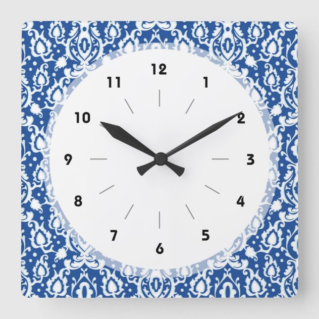 Horloge Carrée Damask bleu et blanc (Recto)