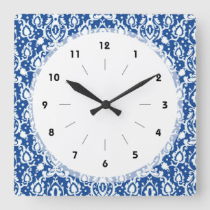 Horloge Carrée Damask bleu et blanc