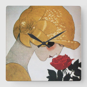 HORLOGE CARRÉE DAME AVEC ROSE ROUGE