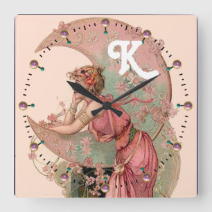 HORLOGE CARRÉE DAME DE LA LUNE AVEC FLEURS EN MONOGRAMME ROSE