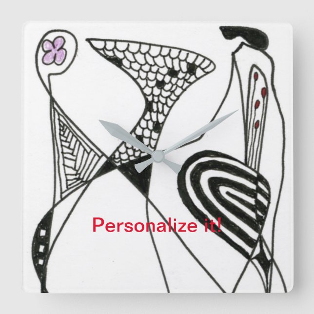 Horloge Carrée "Dancing Hen" abstracted chicken in black & white (Recto)