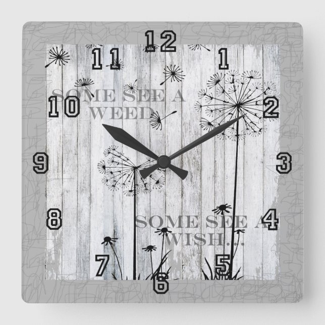 Horloge Carrée Dandelion souhaite une citation gris rêve (Recto)