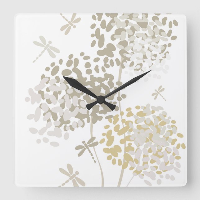 Horloge Carrée Dandelions et libellules modernes (Recto)