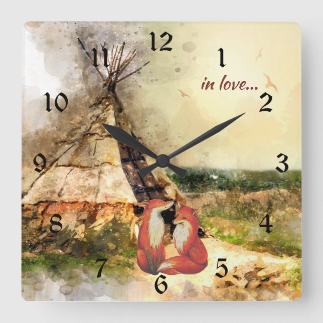 Horloge Carrée dans le thé de Tribal Tipi et Beautiful Fox (Recto)