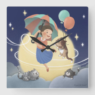 Horloge Carrée Danse avec les chats la nuit de la Lune