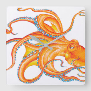 Horloge Carrée Danse orange rouge octopus