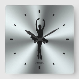 Horloge Carrée Danseur De Ballet Silhouette Sur Acier Inoxydable