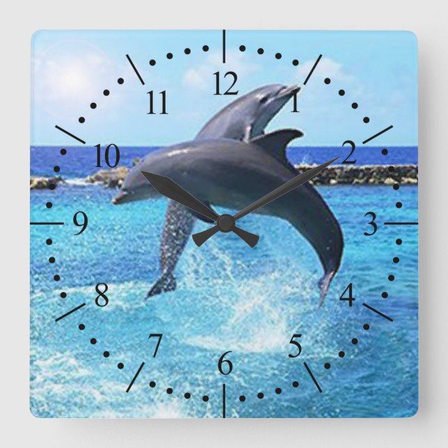 Horloge Carrée Dauphins dansant dans l'océan (Recto)