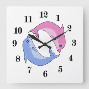 Horloge Carrée Dauphins dessin animé enfants mignons illustration