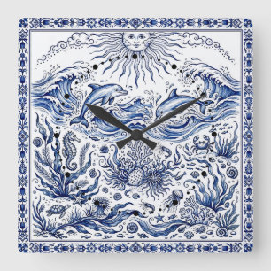 Horloge Carrée Dauphins joyeux Fantaisie mer Delft Style Bleu Bla