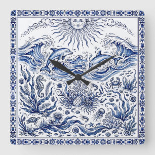Horloge Carrée Dauphins joyeux Fantaisie mer Delft Style Bleu Bla