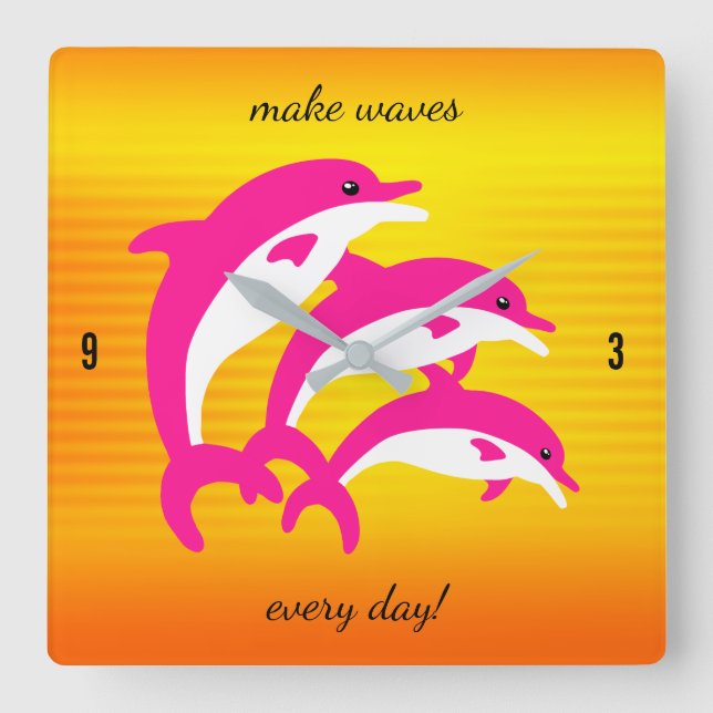 Horloge Carrée Dauphins roses dansant sous le soleil tropical (Recto)