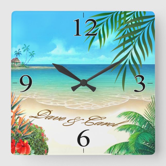 Horloge Carrée Dave Exotic Beach DEMANDEZ 4 VOS NOMS DANS LE SABL (Recto)