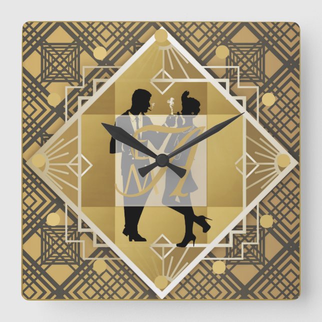 Horloge Carrée Décor Art Déco Monogram Flapper Couple Newlyweds D (Recto)