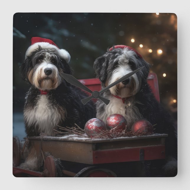 Horloge Carrée Décor de Noël Bernedoodle Snowy Sleigh (Recto)