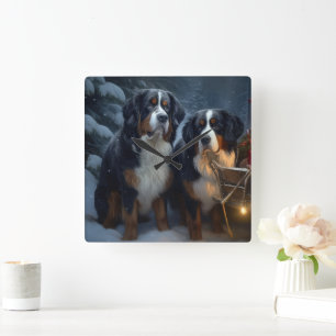 Horloge Carrée Décor de Noël Bernese Mountain Snowy