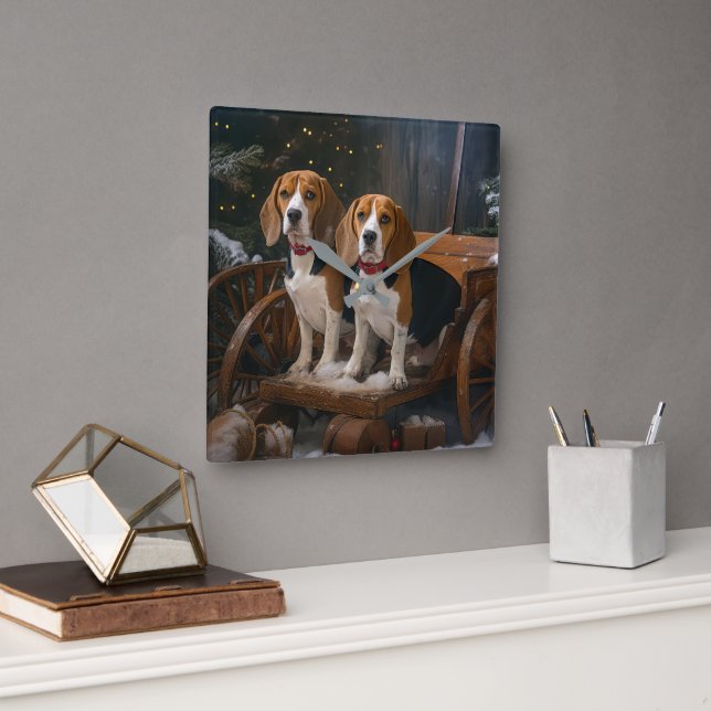 Horloge Carrée Décor de Noël Chariot enneigé Beagle  (Bureau)