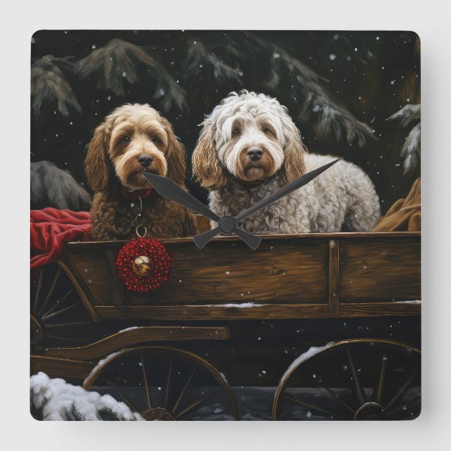 Horloge Carrée Décor de Noël Cockapoo Snowy Sleigh (Recto)