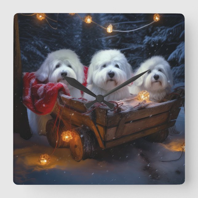 Horloge Carrée Décor de Noël Coton De Tulear Snowy Sleigh (Recto)