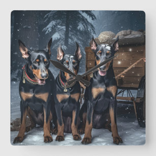 Horloge Carrée Décor de Noël Doberman Snowy Sleigh