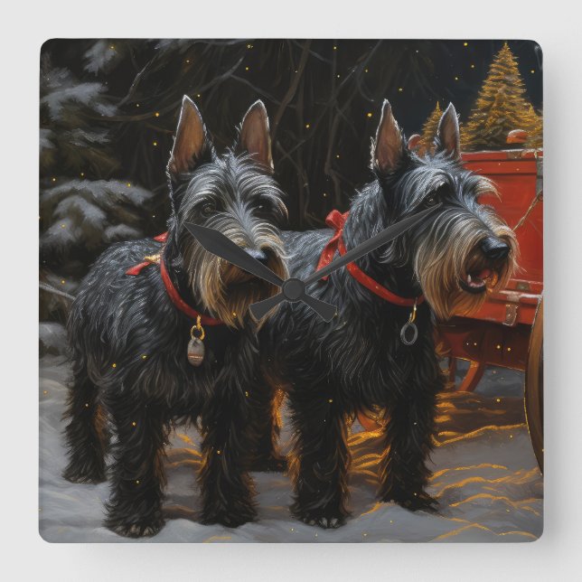 Horloge Carrée Décor de Noël écossais Terrier Snowy Sleigh (Recto)