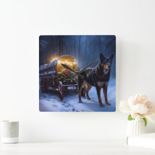 Horloge Carrée Décor de Noël Kelpie Snowy Sleigh