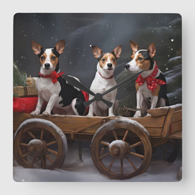 Horloge Carrée Décor de Noël Rat Terrier Snowy Sleigh (Recto)
