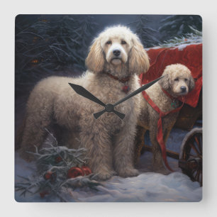 Horloge Carrée Décor de Noël Traîneau enneigé Caniche