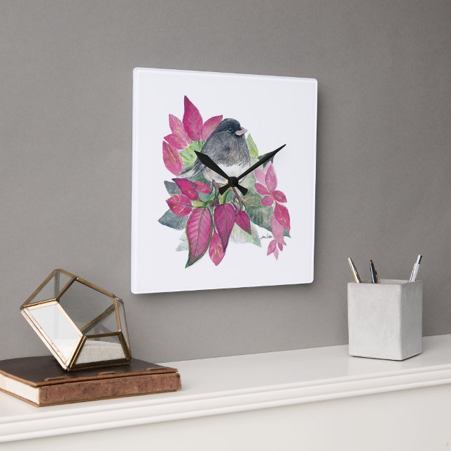 Horloge Carrée Décor du mur d'aquarelle Junco Bird (Junco Bird Watercolor Wall Décor Square Wall Clock from Jenn's Emporium.)