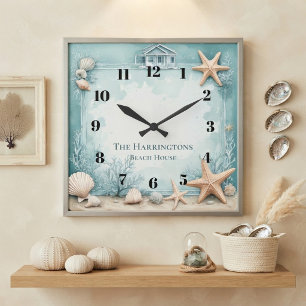 Horloge Carrée Décor en étoile de mer Maison de plage Nom de fami